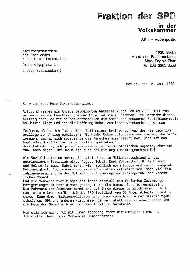 Fraktion der SPD in der Volkskammer - Brief an O. Lafontaine